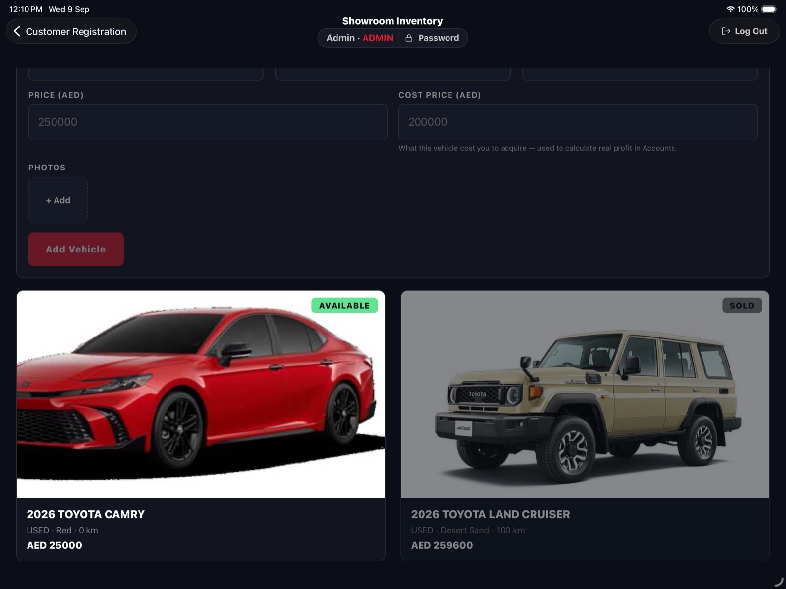 Revvio showroom vehicle listing with photographs, one available and one sold